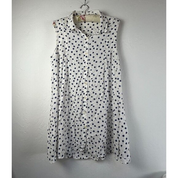 Anthropologie 11:1 Thylo Womens Percy Polka Dot Tunic Top Large White/Blue Rayon - Picture 1 of 9